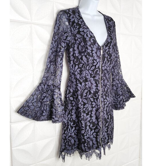New Blue Lace Dress Long Bell Sleeve Witchy Mini Party Cocktail V-Neck M 6 Venus - Picture 4 of 8